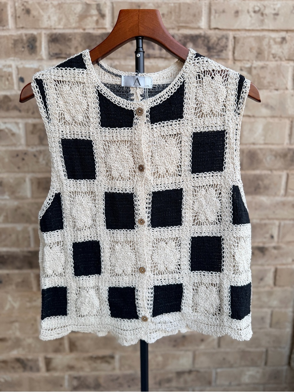 Crochet Square-Block Button Front Vest - Cream and Black Sezane vibe NWT L/XL